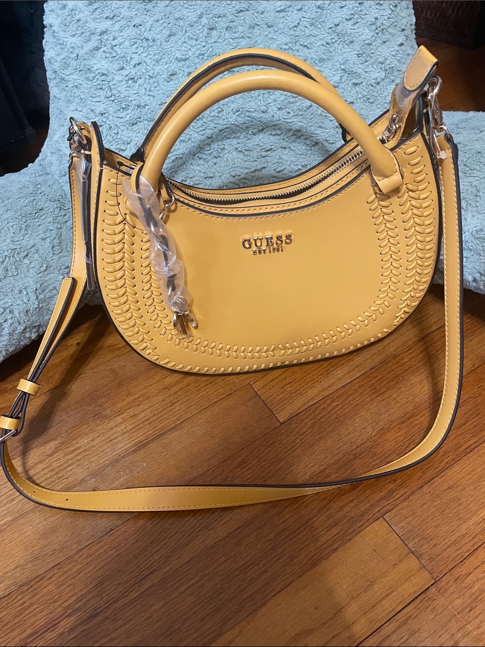 Guess Yellow Curved Satchel with Woven Trim